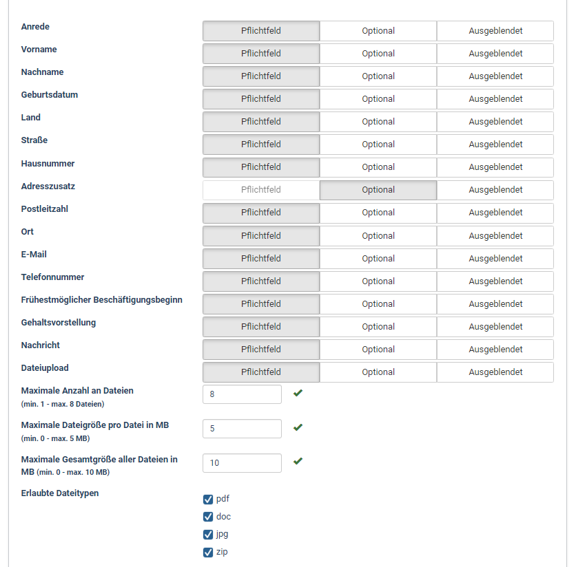 Bewerberformular Felder 3