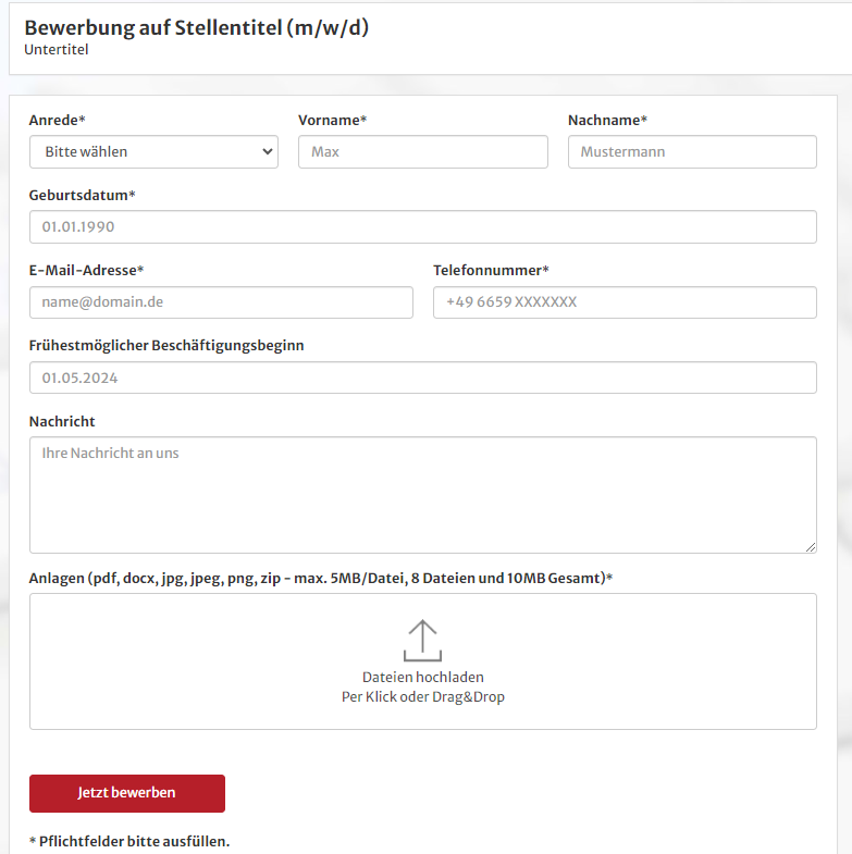 Vorschau Bewerberformular
